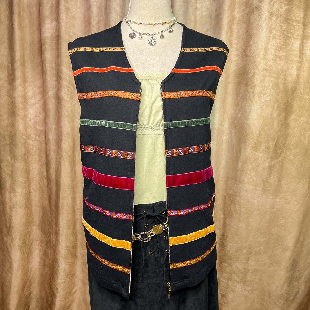 Vintage Striped Vest Embroidered Velour Floral Zip Up Multicolor Boho Folk 90s